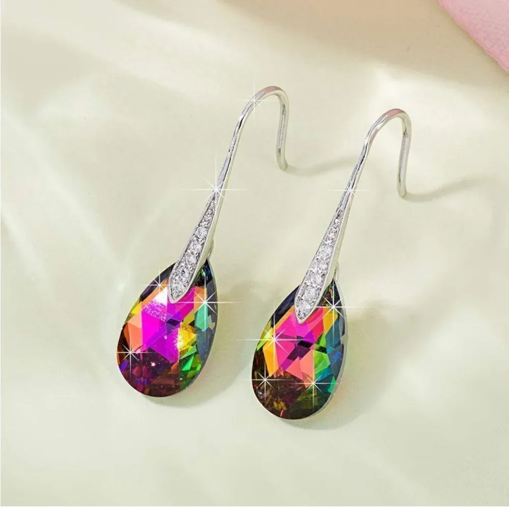 14K White Gold with Vitrail Medium Austrian Crystal Teardrop Drop Hook Earrings